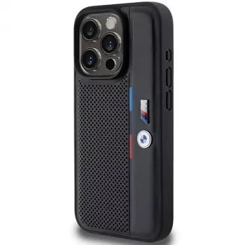 BMW Perforated Tricolor Line Hard Case, skirta Apple iPhone 15 Pro 6.1, juoda