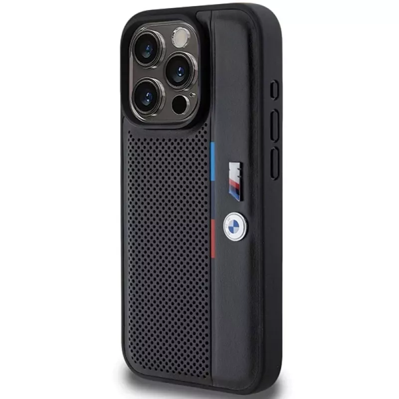 BMW Perforated Tricolor Line Hard Case, skirta Apple iPhone 15 Pro 6.1, juoda