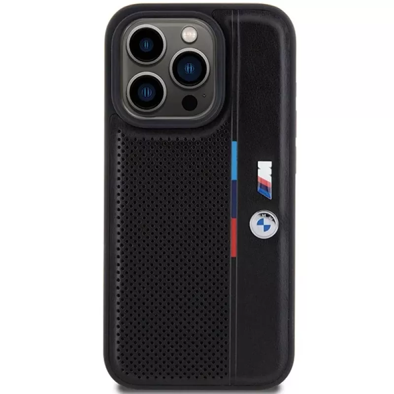 BMW Perforated Tricolor Line Hard Case, skirta Apple iPhone 15 Pro 6.1, juoda