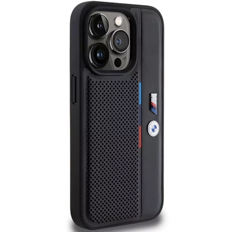 BMW Perforated Tricolor Line Hard Case, skirta Apple iPhone 15 Pro 6.1, juoda