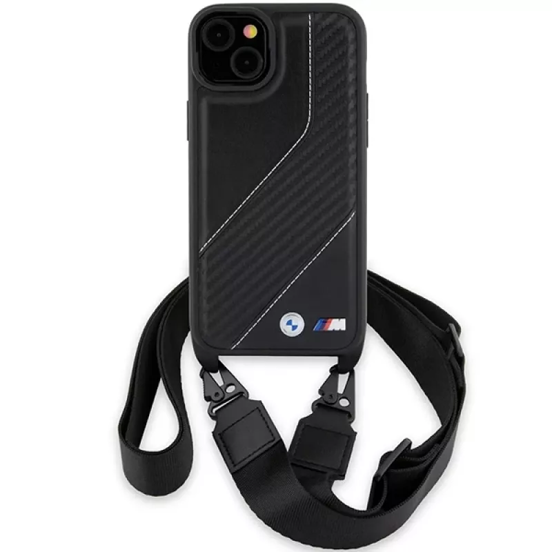 BMW M Edition Carbon Stripe & Strap Hard Case, skirta iPhone 15 Plus / 14 Plus 6,7 inch, juoda