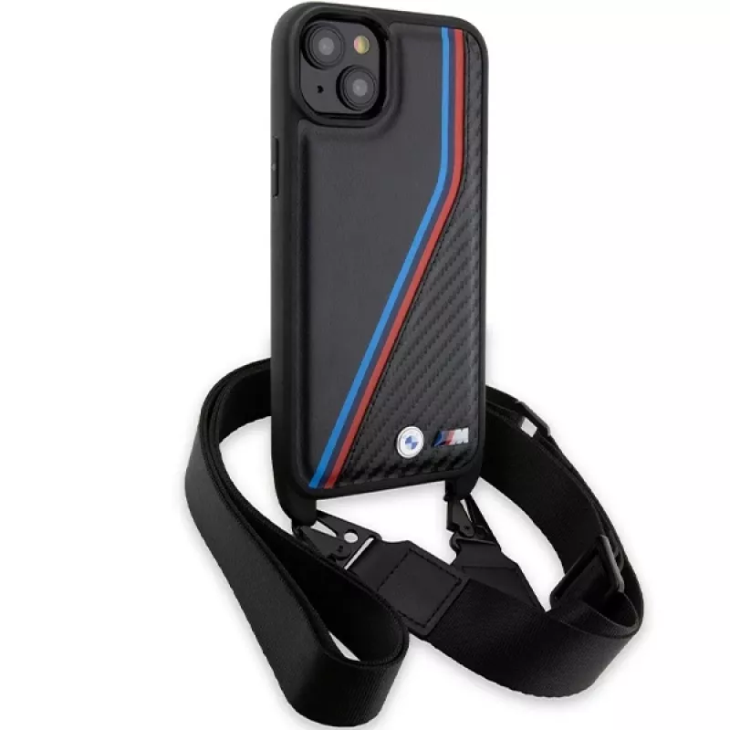 BMW BMHCP15S23PSVTK iPhone 15 / 14 / 13 Black Hardcase M Edition Carbon Tricolor Lines & Strap