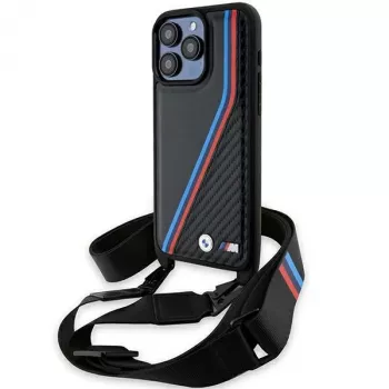 BMW M Edition Carbon Tricolor Lines kietasis dėklas, skirtas Apple iPhone 15 Pro 6,1 inch juodas su dirželiu