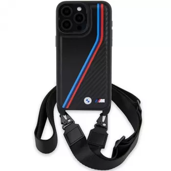 BMW M Edition Carbon Tricolor Lines kietasis dėklas, skirtas Apple iPhone 15 Pro 6,1 inch juodas su dirželiu