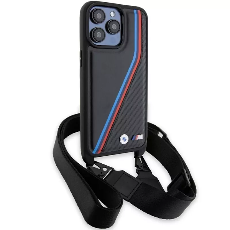 BMW M Edition Carbon Tricolor Lines kietasis dėklas, skirtas Apple iPhone 15 Pro 6,1 inch juodas su dirželiu
