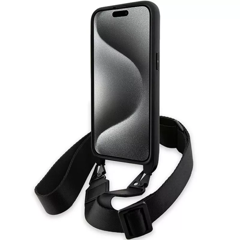 BMW M Edition Carbon Tricolor Lines kietasis dėklas, skirtas Apple iPhone 15 Pro 6,1 inch juodas su dirželiu