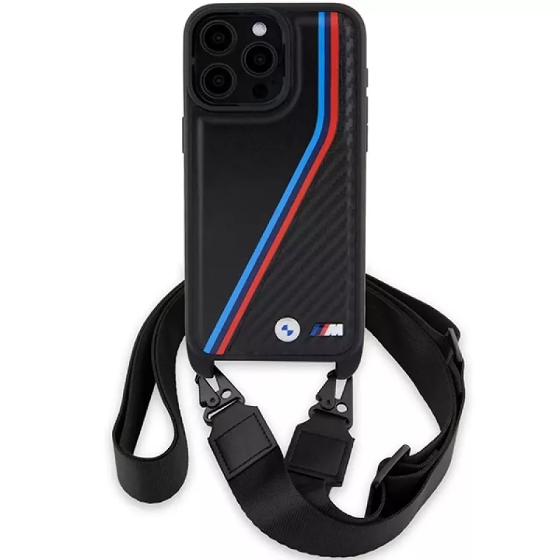 BMW M Edition Carbon Tricolor Lines Hard Case with Strap for Apple iPhone 15 Pro Max 6,7 inch Black