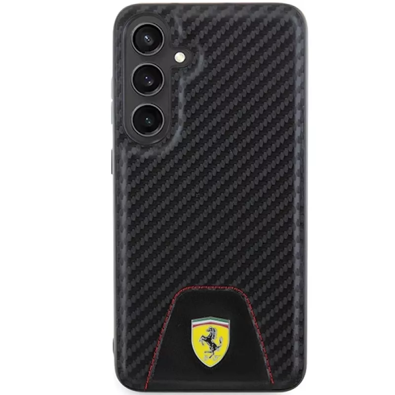 Ferrari FEHCS24MN3PUK Kietasis dėklas, skirtas Samsung Galaxy S24+ (SM-S926) – anglies pluošto raštas, susiūtas dugnas, juoda spalva