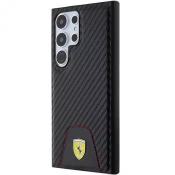 Ferrari FEHCS24LN3PUK Kietasis dėklas, skirtas Samsung Galaxy S24 Ultra, anglies pluošto raštas, susiūtas apačioje, juodas