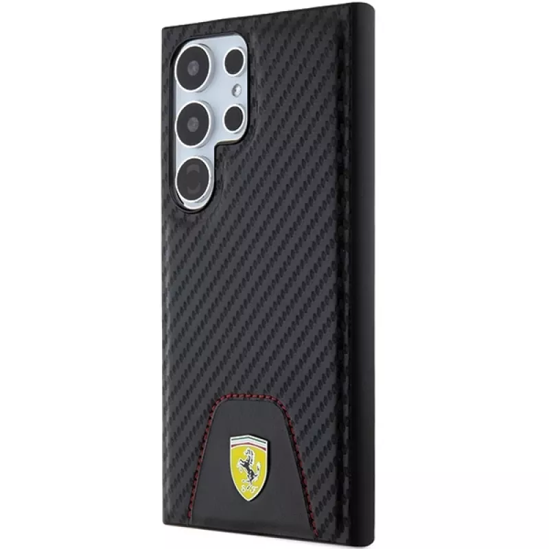 Ferrari FEHCS24LN3PUK Kietasis dėklas, skirtas Samsung Galaxy S24 Ultra, anglies pluošto raštas, susiūtas apačioje, juodas