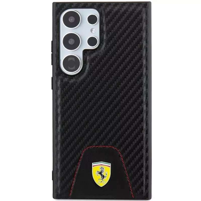 Ferrari FEHCS24LN3PUK Kietasis dėklas, skirtas Samsung Galaxy S24 Ultra, anglies pluošto raštas, susiūtas apačioje, juodas