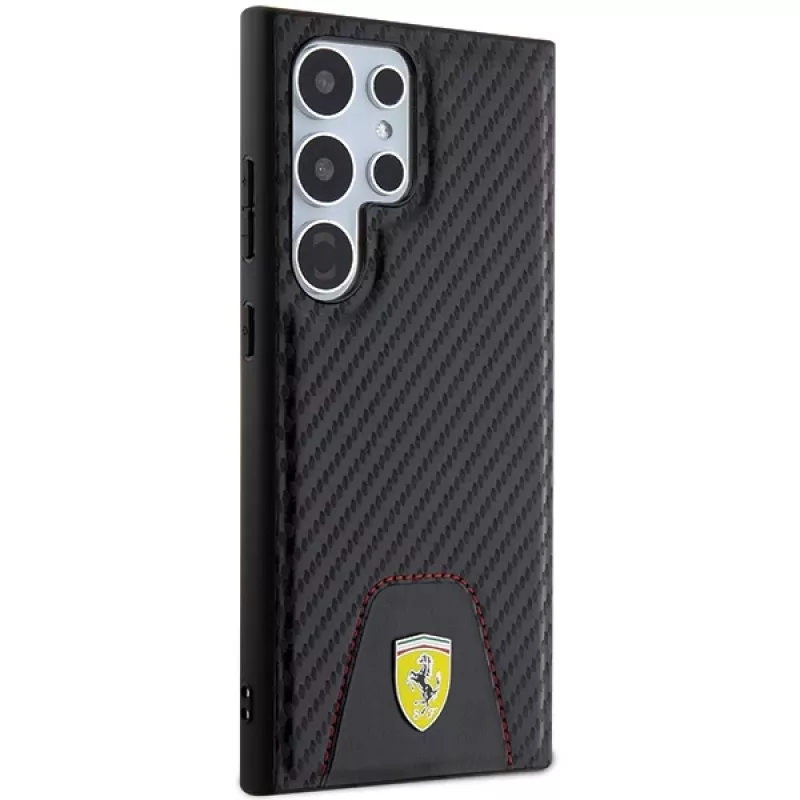 Ferrari FEHCS24LN3PUK Kietasis dėklas, skirtas Samsung Galaxy S24 Ultra, anglies pluošto raštas, susiūtas apačioje, juodas