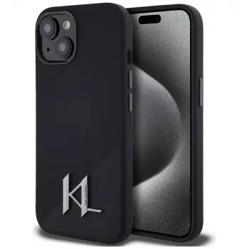 KARL LAGERFELD Silicone Shadow Metal Initial MagSafe dėklas, skirtas iPhone 15, juodos spalvos
