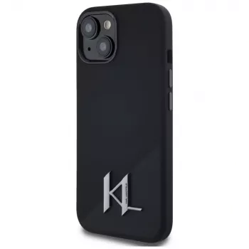 KARL LAGERFELD Silicone Shadow Metal Initial MagSafe dėklas, skirtas iPhone 15, juodos spalvos