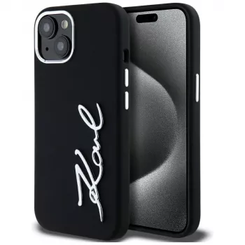 KARL LAGERFELD Silicone Metal Script Logo Dėklas, skirtas Apple iPhone 15, Juodas
