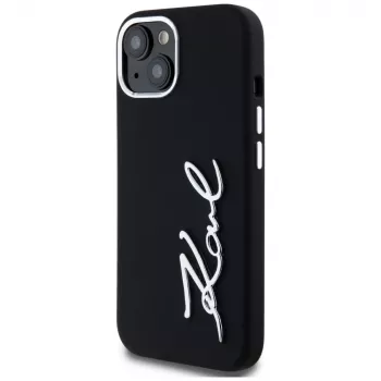 KARL LAGERFELD Silicone Metal Script Logo Dėklas, skirtas Apple iPhone 15, Juodas