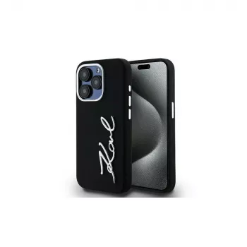 KARL LAGERFELD Silicone Metal Script Logo Dėklas, skirtas Apple iPhone 15 Pro Max, juodas