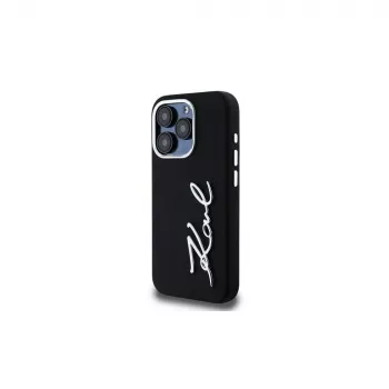 KARL LAGERFELD Silicone Metal Script Logo Dėklas, skirtas Apple iPhone 15 Pro Max, juodas