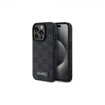 Karl Lagerfeld KLHMP15LPKHPORPK iPhone 15 Pro 6,1 inch Hardcase Black Leather Monogram Metal Logo MagSafe