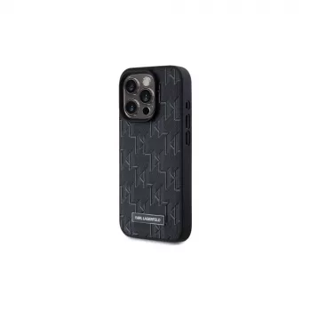 Karl Lagerfeld KLHMP15LPKHPORPK iPhone 15 Pro 6,1 inch Hardcase Black Leather Monogram Metal Logo MagSafe