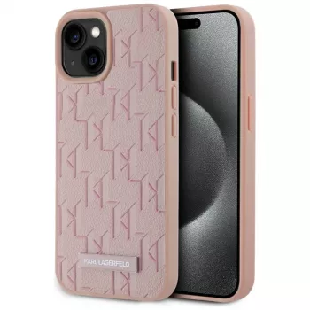 Karl Lagerfeld Leather Monogram Metal Logo MagSafe Case, iPhone 15, Pink