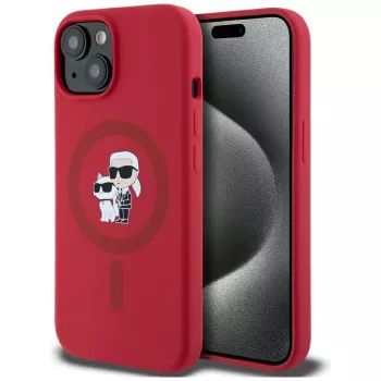 KARL LAGERFELD Silicone Case for iPhone 15 with MagSafe and Ring Holder - Karl & Choupette Heads - Red