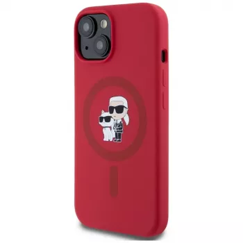 KARL LAGERFELD Silicone Case for iPhone 15 with MagSafe and Ring Holder - Karl & Choupette Heads - Red