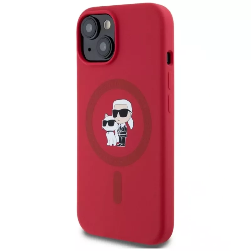KARL LAGERFELD Silicone Case for iPhone 15 with MagSafe and Ring Holder - Karl & Choupette Heads - Red
