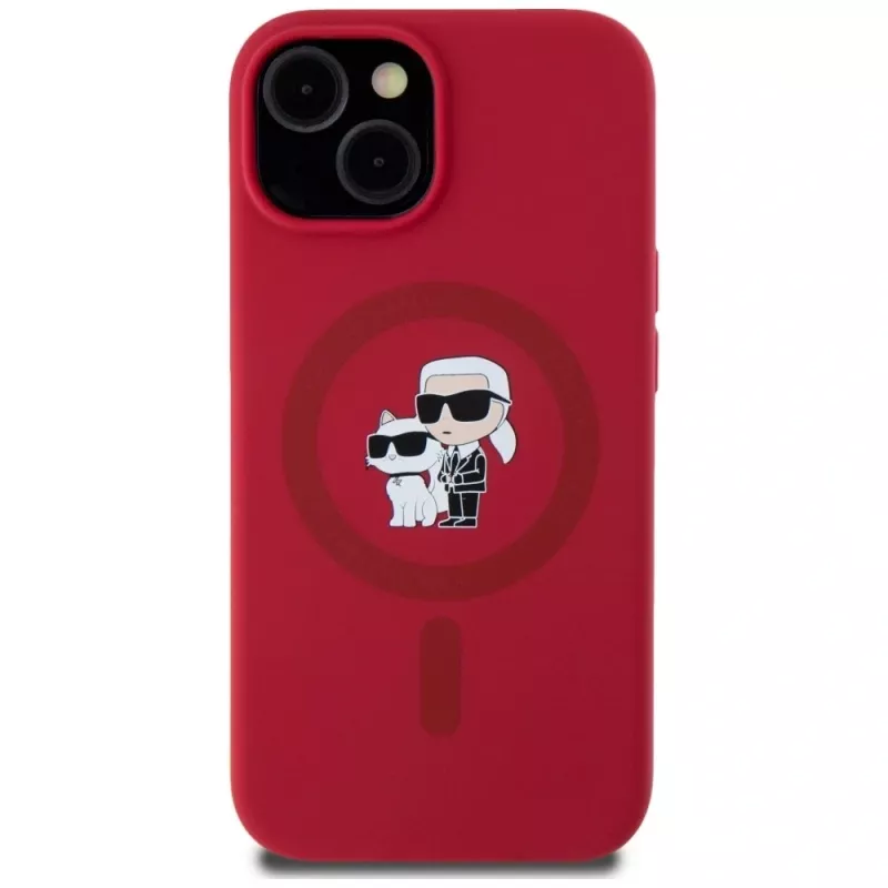 KARL LAGERFELD Silicone Case for iPhone 15 with MagSafe and Ring Holder - Karl & Choupette Heads - Red