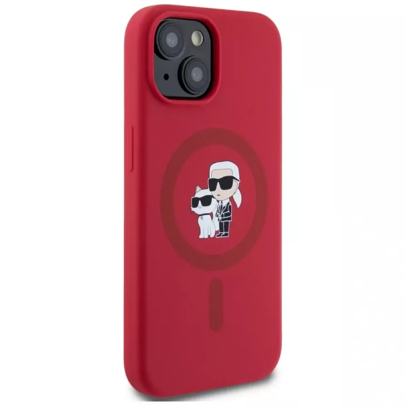 KARL LAGERFELD Silicone Case for iPhone 15 with MagSafe and Ring Holder - Karl & Choupette Heads - Red