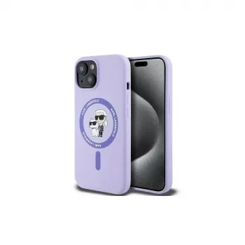 Karl Lagerfeld KLHMP15SSCMKCRHU iPhone 15 6,1 colio purpurinis silikoninis kietas dėklas su Karl & Choupette galvutėmis, žiedu ir MagSafe