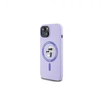Karl Lagerfeld KLHMP15SSCMKCRHU iPhone 15 6,1 colio purpurinis silikoninis kietas dėklas su Karl & Choupette galvutėmis, žiedu ir MagSafe