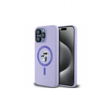 Karl Lagerfeld iPhone 15 Pro Max 6,7 inch Purple Silicone Hard Case su Karl & Choupette galvutėmis ir žiedu MagSafe