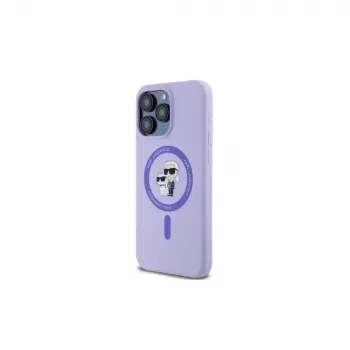 Karl Lagerfeld iPhone 15 Pro Max 6,7 inch Purple Silicone Hard Case su Karl & Choupette galvutėmis ir žiedu MagSafe