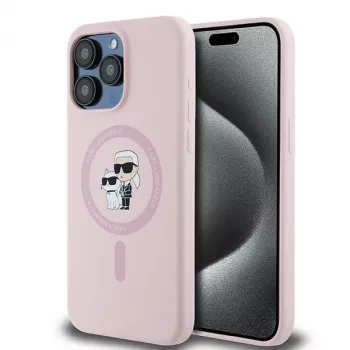 Karl Lagerfeld KLHMP15XSCMKCRHP iPhone 15 Pro Max 6,7 inch Rožinis silikoninis kietas dėklas su Karl & Choupette žiedu ir MagSafe
