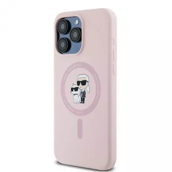 Karl Lagerfeld KLHMP15XSCMKCRHP iPhone 15 Pro Max 6,7 inch Rožinis silikoninis kietas dėklas su Karl & Choupette žiedu ir MagSafe