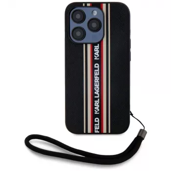 KARL LAGERFELD Saffiano AthleisureStripes Cord Case, iPhone 15 Pro Max, juoda/raudona
