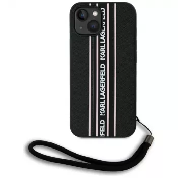 Karl Lagerfeld Saffiano Athleisure Stripes Cord Case, skirta iPhone 15, juoda-rožinė