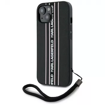Karl Lagerfeld Saffiano Athleisure Stripes Cord Case, skirta iPhone 15, juoda-rožinė