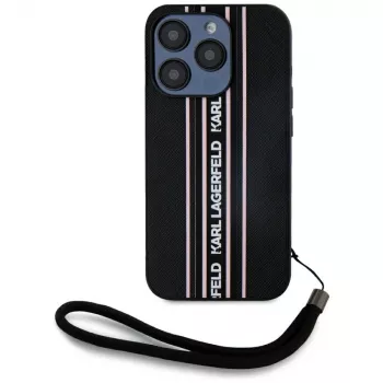 KARL LAGERFELD Saffiano Athleisure Stripes Cord Case, skirta iPhone 15 Pro, juoda/rožinė