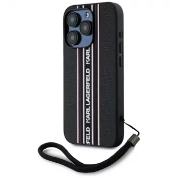 KARL LAGERFELD Saffiano Athleisure Stripes Cord Case, skirta iPhone 15 Pro, juoda/rožinė