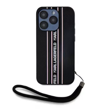 Karl Lagerfeld Saffiano AthleisureStripes Cord Case, skirta iPhone 15 Pro Max, juoda-rožinė