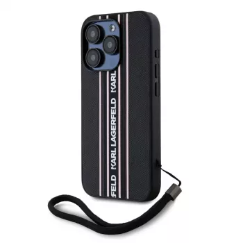 Karl Lagerfeld Saffiano AthleisureStripes Cord Case, skirta iPhone 15 Pro Max, juoda-rožinė