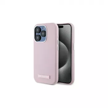 Karl Lagerfeld KLHMP15XPGMSRPP Kietas dėklas, skirtas iPhone 15 Pro Max 6,7 inch rožinis su metaline plokštele ir MagSafe