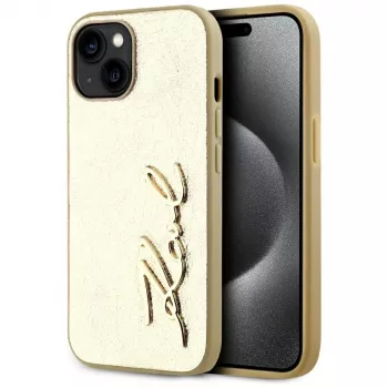 KARL LAGERFELD Wrinkled Metal Signature Phone Case, iPhone 15, Gold