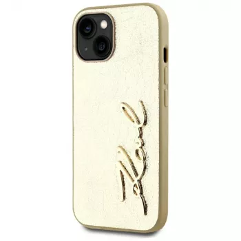 KARL LAGERFELD Wrinkled Metal Signature Phone Case, iPhone 15, Gold