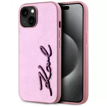 KARL LAGERFELD Wrinkled Metal Signature Back Cover, skirta Apple iPhone 15, rožinė
