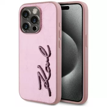 Karl Lagerfeld Wrinkled Metal Signature Dėklas, skirta iPhone 15 Pro, Rožinė