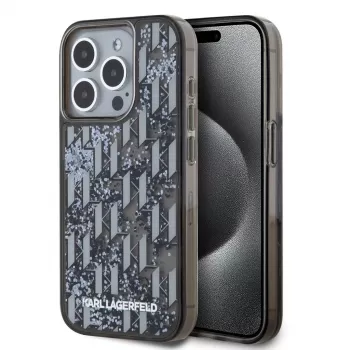 KARL LAGERFELD Liquide GlitterMonogram Gradient Back Cover, skirta Apple iPhone 15 Pro, juoda