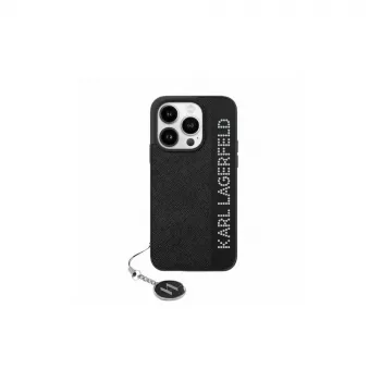 Karl Lagerfeld KLHCP15LPSAKDGCK iPhone 15 Pro 6.1 juodas kietas dėklas Saffiano su cirkoniais ir pakabuku